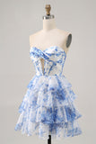 Vestido sin tirantes corsé de flores blancas y azules