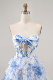 Vestido sin tirantes corsé de flores blancas y azules