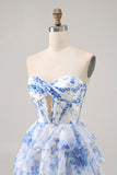 Vestido sin tirantes corsé de flores blancas y azules