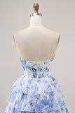 Vestido sin tirantes corsé de flores blancas y azules