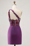 Vestido de regreso a casa ajustado de un hombro morado oscuro con apliques