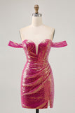 Vestido de lentejuelas de lentejuelas fucsia brillante con hombros descubiertos