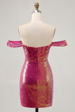 Vestido de lentejuelas de lentejuelas fucsia brillante con hombros descubiertos