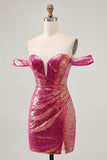 Vestido de lentejuelas de lentejuelas fucsia brillante con hombros descubiertos