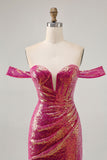 Vestido de lentejuelas de lentejuelas fucsia brillante con hombros descubiertos