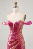 Vestido de lentejuelas de lentejuelas fucsia brillante con hombros descubiertos