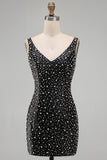 Vestido corto de bienvenida a casa perlado negro perlado perla con cuello en V y brillante vestido de bienvenida