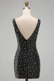 Vestido corto de bienvenida a casa perlado negro perlado perla con cuello en V y brillante vestido de bienvenida