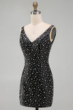 Vestido corto de bienvenida a casa perlado negro perlado perla con cuello en V y brillante vestido de bienvenida