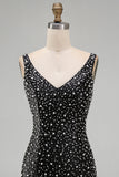 Vestido corto de bienvenida a casa perlado negro perlado perla con cuello en V y brillante vestido de bienvenida