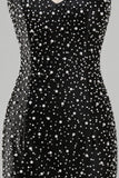 Vestido corto de bienvenida a casa perlado negro perlado perla con cuello en V y brillante vestido de bienvenida
