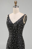 Vestido corto de bienvenida a casa perlado negro perlado perla con cuello en V y brillante vestido de bienvenida