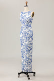 Vestido largo de invitada de boda blanco azul con estampado floral