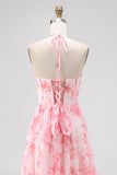 Vestido de invitada a boda con estampado floral halter con cuentas de rubor y abertura