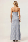 Vestido Midi sin tirantes con estampado azul polvoriento, funda fruncido y abertura