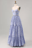 Vestido de invitada de boda con cuentas de una línea de flores azules con abertura