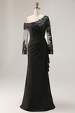 Vestido de madre de la novia negro de manga larga y manga larga fruncido