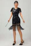 Vestido flapper de lentejuelas con flecos rojos negros de los años 20