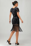 Vestido flapper de lentejuelas con flecos rojos negros de los años 20