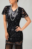 Vestido negro de lentejuelas Gatsby de los años 20 con flecos