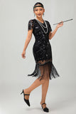 Vestido flapper de lentejuelas con flecos rojos negros de los años 20