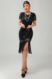 Vestido flapper de lentejuelas con flecos rojos negros de los años 20
