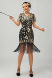 Vestido flapper de lentejuelas con flecos rojos negros de los años 20