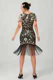 Vestido flapper de lentejuelas con flecos rojos negros de los años 20