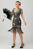 Vestido flapper de lentejuelas con flecos rojos negros de los años 20
