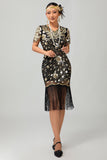 Vestido flapper de lentejuelas con flecos rojos negros de los años 20