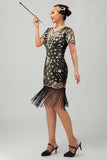 Vestido flapper de lentejuelas con flecos rojos negros de los años 20