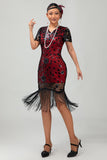 Vestido flapper de lentejuelas con flecos rojos negros de los años 20