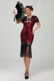Vestido flapper de lentejuelas con flecos rojos negros de los años 20