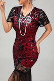 Vestido flapper de lentejuelas con flecos rojos negros de los años 20