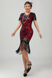 Vestido flapper de lentejuelas con flecos rojos negros de los años 20