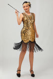 Vestido ajustado negro brillante con cuello en V dorado de los años 20 con flecos