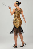 Vestido ajustado negro brillante con cuello en V dorado de los años 20 con flecos
