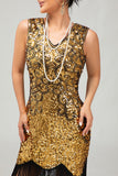 Vestido ajustado negro brillante con cuello en V dorado de los años 20 con flecos