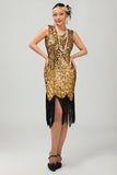 Vestido ajustado negro brillante con cuello en V dorado de los años 20 con flecos
