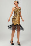 Vestido ajustado negro brillante con cuello en V dorado de los años 20 con flecos