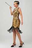 Vestido ajustado negro brillante con cuello en V dorado de los años 20 con flecos