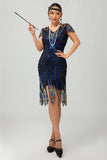 Vestido Gatsby ajustado de los años 20 con lentejuelas en negro y azul con mangas cortas