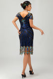 Vestido negro con flecos dorados y lentejuelas de la década de 1920 con conjunto de accesorios de 5 piezas