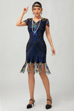 Vestido Gatsby ajustado de los años 20 con lentejuelas en negro y azul con mangas cortas
