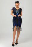 Vestido Gatsby ajustado de los años 20 con lentejuelas en negro y azul con mangas cortas