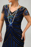 Vestido negro con flecos dorados y lentejuelas de la década de 1920 con conjunto de accesorios de 5 piezas