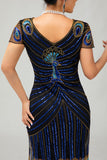 Vestido Gatsby ajustado de los años 20 con lentejuelas en negro y azul con mangas cortas