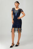 Vestido Gatsby ajustado de los años 20 con lentejuelas en negro y azul con mangas cortas