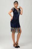 Vestido Gatsby ajustado de los años 20 con lentejuelas en negro y azul con mangas cortas