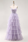 Vestido largo de baile con corsé de cuentas Lilac A Line con abertura